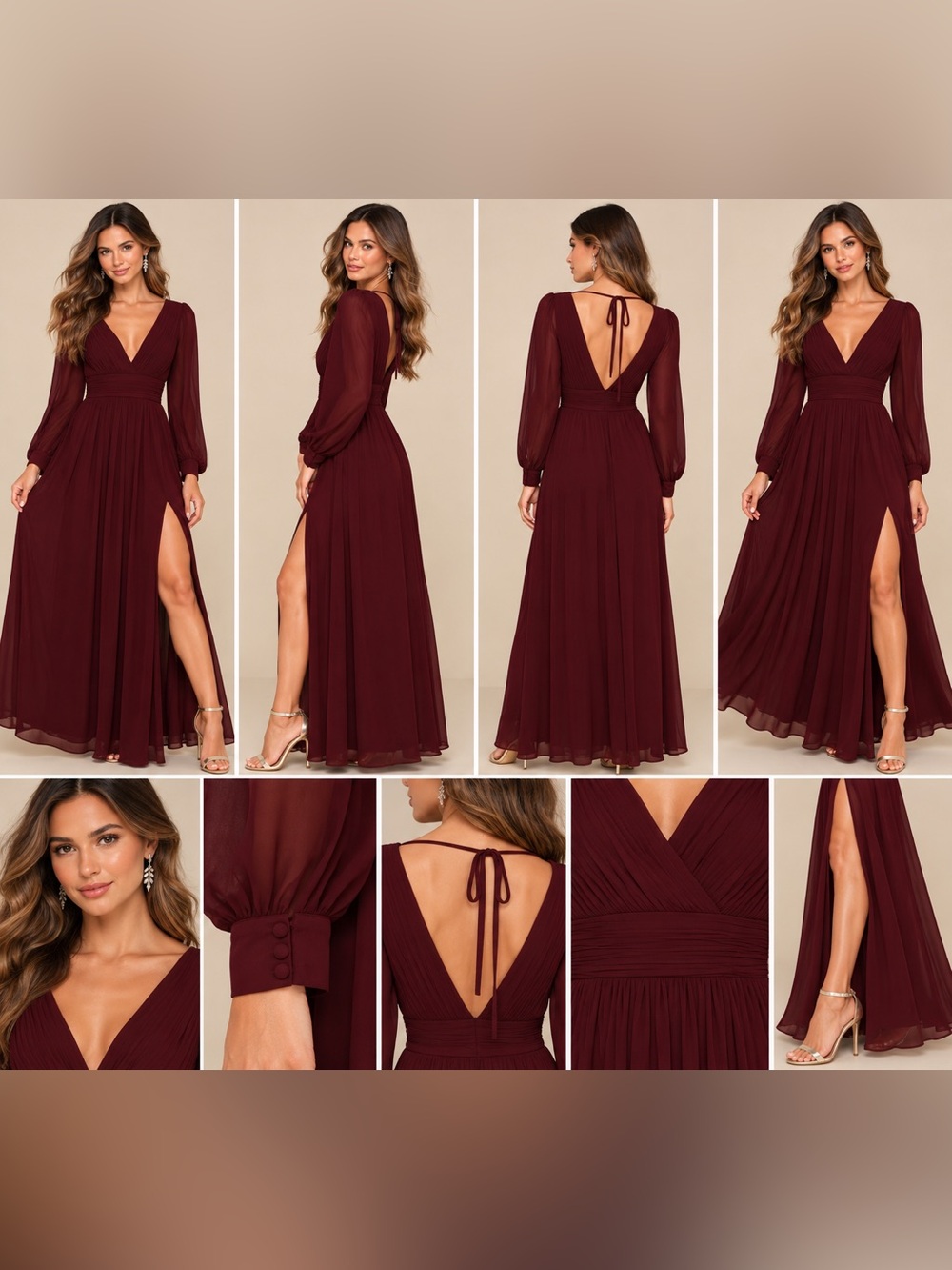 Lulus Love You So Burgundy Long Sleeve V-Neck Maxi Dress L NWOT